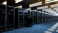 Server room data center. Rackmount LED console. Backup, mining, hosting, mainframe, farm and computer rack with storage Royalty Free Stock Photo