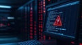 Server room dimly lit. Computer screen shows cybersecurity alert. Red warning triangle, question mark. Shows critical tech issue.