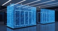 Modern server room showcases advanced technology with glowing blue data streams and servers Royalty Free Stock Photo