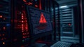 Server room displays cybersecurity alert. Dimly lit server room with computer screen showing warning sign. Security alert