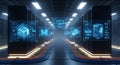 Futuristic server room with holographic displays showcasing data and network architecture Royalty Free Stock Photo