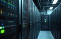 Server room displays working equipment in data center. Servers racks offer infrastructure for information processing. Digital Royalty Free Stock Photo