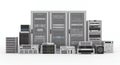 Server Room Equipment on White Background Featuring Data Storage Racks and Servers for IT Infrastructure Management and Royalty Free Stock Photo