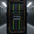 A server room features a central server rack equipped with multiple units. The rack Royalty Free Stock Photo