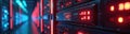 Server room features data center equipment with red and blue neon lights. Tech backup power and efficient solutions shown in