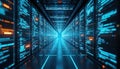 Server room filled with rows of computer racks displaying glowing blue code and data. Futuristic network infrastructure for big Royalty Free Stock Photo