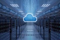 Server room with glowing blue cloud symbol and data streams overhead data center cloud computing Royalty Free Stock Photo