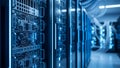 Server Room with Glowing Blue Lights, Data Center Rack Servers, Network Technology Royalty Free Stock Photo