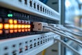 Server room with glowing orange network cables emphasizing data management secure networking and high performance digital commu