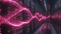 Server room with glowing pink data stream, high-speed network, big data transfer, 4k detail. Royalty Free Stock Photo
