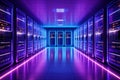 Server room with glowing purple and blue lights technology data Royalty Free Stock Photo