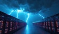 Server room with glowing racks is struck by lightning under dark storm clouds. Digital data infrastructure faces electrical power Royalty Free Stock Photo