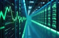 Server room with glowing servers and green graph on display. Data center with technological equipment, digital analysis, and Royalty Free Stock Photo