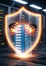 In a server room, a glowing shield surrounds a stack of servers, protecting them from Royalty Free Stock Photo