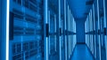 Server Room Hallway with Blue Neon Lights - Data Center Technology Royalty Free Stock Photo