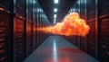 Server room hallway displays glowing orange cloud and digital data stream. Futuristic tech infrastructure shows information Royalty Free Stock Photo