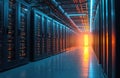 Server room hallway with rows of computer racks. Blinking lights indicate active data processing. Clean, modern data center with Royalty Free Stock Photo