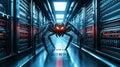 The server room has a huge spider with bright red glowing eyes in the center of the corridor. The theme is cyber threats, hacker Royalty Free Stock Photo