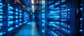 Server room illuminated with glowing blue lights representing data processing Royalty Free Stock Photo