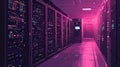Server Room Illuminated in Pink and Purple Neon Lights with Pixel Art Style Royalty Free Stock Photo