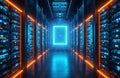 Server room illustration presents data computing center. Electronic machines for data processing in dark hallway. Digital network Royalty Free Stock Photo