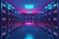 Server room interior in datacenter with rows of high-density racks containing networking equipment. Computer systems, servers,