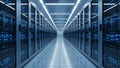 Rows of glowing blue server racks line a futuristic data center hallway with bright overhead lighting Royalty Free Stock Photo