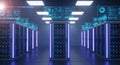 Server Room Interior with Neon Lights and Data Displays for Network Infrastructure and Cloud Computing in Modern Data Royalty Free Stock Photo