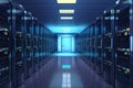 Server room interior with rows of identical servers equipped with multiple hard drives in a grid-like pattern. Blue lights Royalty Free Stock Photo