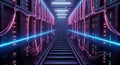Server Room Interior with Neon Pink and Blue Lights and Cable Management System in Rack System of Data Center Digital Royalty Free Stock Photo