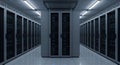Server Room Interior with Rows of Rack Servers and Blue Lighting in Data Center for Cloud Computing and Information Royalty Free Stock Photo