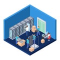 Server room isometric. Information technology server engineer 3D vector illustration