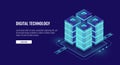 Server room isometric vector, futuristic technology of data protection and processing, networking and web hosting banner