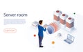 Server room isometric vector. Web hosting concept with character. Web hosting isometric vector. Internet datacenter