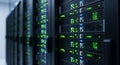a detailed view of a server room with multiple racks of servers, illuminated by vibrant green and blue leds, showcasing data infra Royalty Free Stock Photo