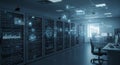 Server room with multiple server racks displaying illuminated LED indicators and Royalty Free Stock Photo