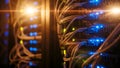 Server Room Network Cables with Blue and Yellow LED Lights, Data Center Technology Royalty Free Stock Photo