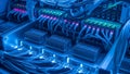 Server Room Network Cables and Equipment, Data Center Technology, Blue Lights Royalty Free Stock Photo
