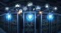 Server room with network connection icons and data center infrastructure illustration overlayed Royalty Free Stock Photo