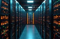 Server room with network servers racks. Datacenter equipment, glowing indicators, neatly organized cables, modern technology and Royalty Free Stock Photo