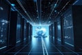 Server room with planet earth in center. Generative AI. Royalty Free Stock Photo