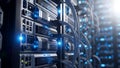Server Room Rack with Blue LED Lights and Network Cables, Data Center Technology Royalty Free Stock Photo