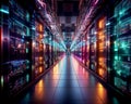 Server room with server racks in the center of the data banner Royalty Free Stock Photo