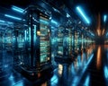 Server room with server racks in the center of the data banner Royalty Free Stock Photo