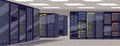 Server room with racks, equipment, cabinets, computer hardware cluster for digital information storage. Internet hosting