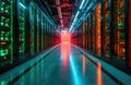 Server room with racks of servers glowing with red and green lights. Data center hall with servers tech equipment. Modern digital Royalty Free Stock Photo