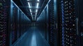 Server room with rows of black servers in grid pattern, blue lights on each server. Soft light casts long shadows, highlights