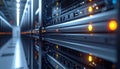 Server room with rows of computer servers and glowing lights Royalty Free Stock Photo