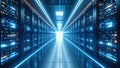 Server room with rows of data center servers and bright blue lights. Royalty Free Stock Photo