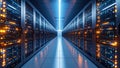 Server room with rows of data center servers and glowing lights. Royalty Free Stock Photo